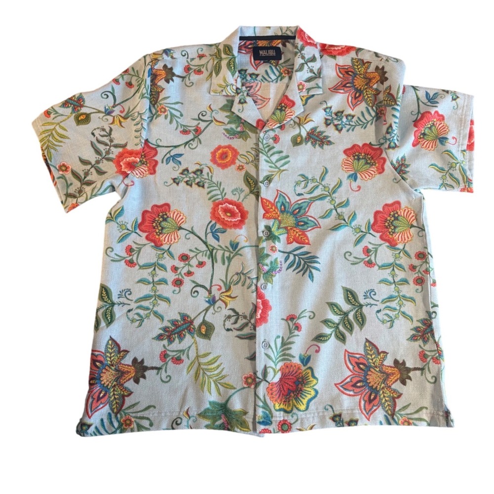 Malibu by Drill Clothing Co Mens XL Floral Camp Shirt and Shorts 2 Piece Blue - Picture 2 of 14